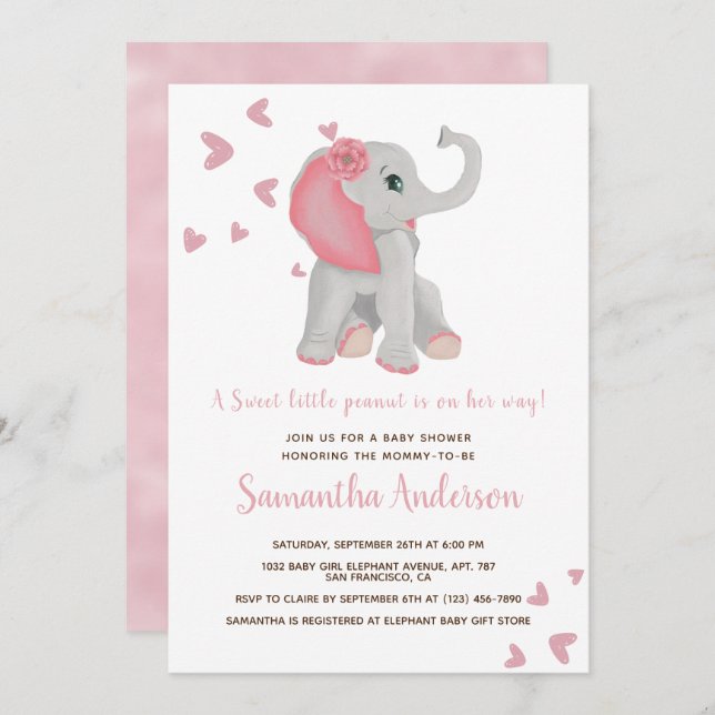 Cute Elephant Pink Floral Watercolor Baby Shower   Invitation (Front/Back)