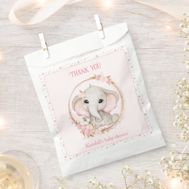 Cute Elephant Pink Flowers Baby Shower Favour Bag (Clipped)