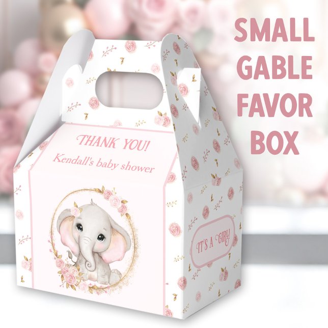 Cute Elephant Pink Flowers Baby Shower Favour Box (Cute Elephant Small Gable Favor Boxes - You can choose from 3 sizes of these gable favor boxes)