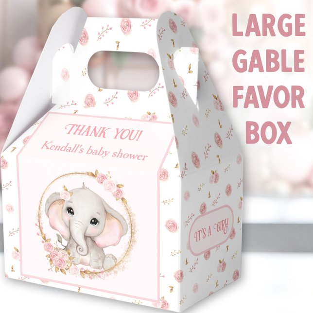 Cute Elephant Pink Flowers Baby Shower Large Favour Box (Cute Elephant Large Gable Favor Boxes - You can choose from 3 sizes of these gable favor boxes)