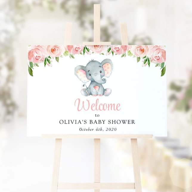 Cute Elephant, Pink Flowers, Baby Shower Welcome Poster (Creator Uploaded)