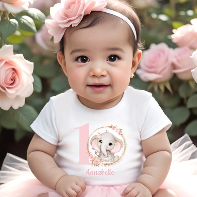 Cute Elephant Pink Flowers Girl Name Baby T-Shirt (Cute Elephant Pink Flowers Girl Baby T-Shirt)