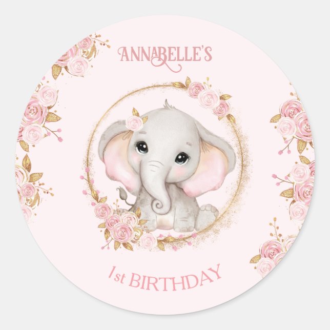 Cute Elephant Pink Flowers Roses Birthday Girl Classic Round Sticker (Front)
