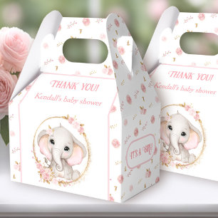 Cute Elephant Pink Flowers White Baby Shower Favour Box