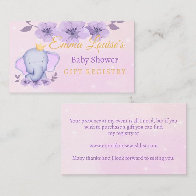 Cute Elephant Pink Gift Registry  Enclosure Card (Front/Back)