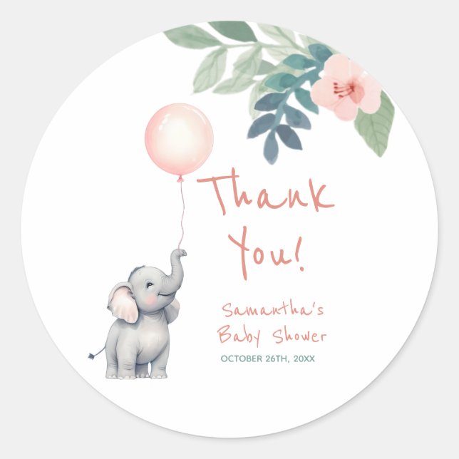 Cute Elephant Pink Girl Baby Shower Thank You Classic Round Sticker (Front)