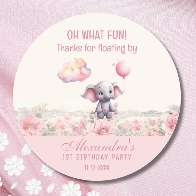 Cute Elephant Pink Girl's 1st Birthday Thank You Classic Round Sticker (Creator Uploaded)