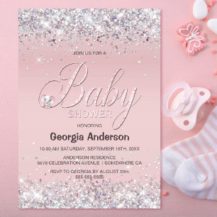 Cute Elephant Pink Glitter Baby Shower Invitation