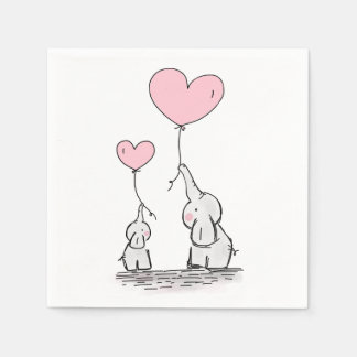 Cute Elephant Pink Heart Balloons Girl Baby Shower Napkin