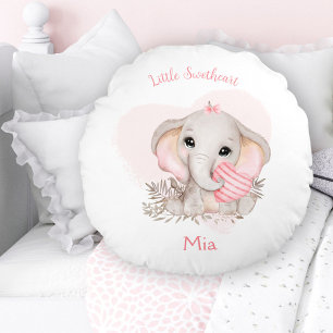 Cute Elephant Pink Heart Girl Nursery Name  Round Cushion