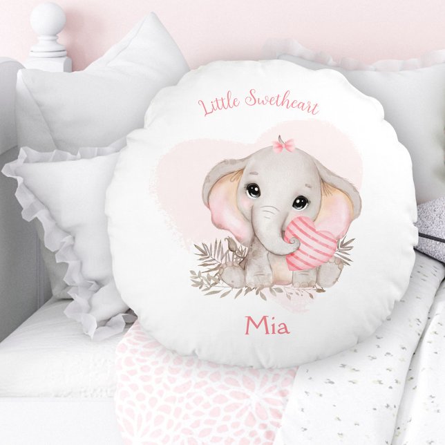 Cute Elephant Pink Heart Girl Nursery Name  Round Cushion (Cute Elephant Pink Heart Girl Nursery Name Round Pillow)