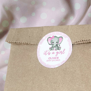 Cute Elephant pink It's a Girl Baby Shower Classic Round Sticker