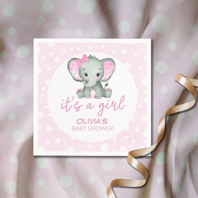 Cute Elephant pink It's a Girl Baby Shower Napkin (Creator Uploaded)