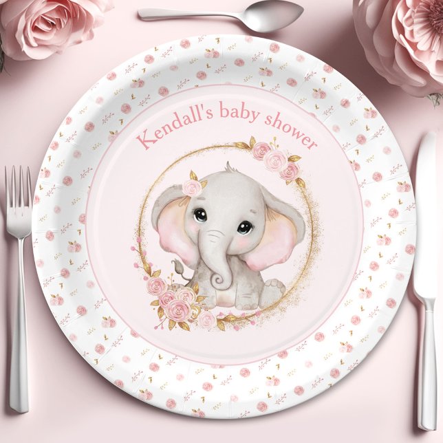 Cute Elephant Pink Roses Baby Shower Paper Plates (Cute Elephant Pink Roses Baby Shower Paper Plates)