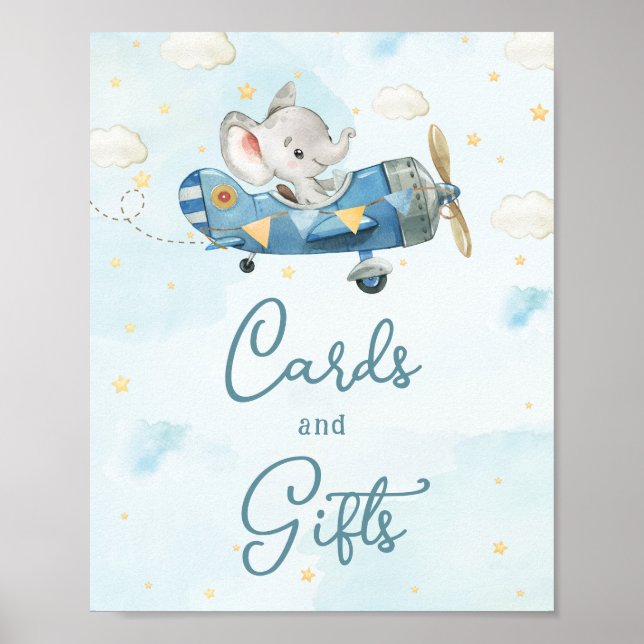 Cute Elephant Plane Adventure Blue Cards and Gifts Poster (Front)