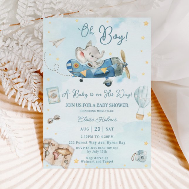Cute Elephant Plane Adventure Oh Boy Baby Shower Invitation (Creator Uploaded)