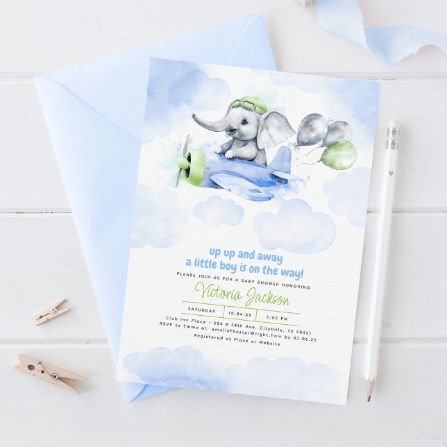 Cute Elephant & Plane Blue Green Grey Baby Shower Invitation (Creator Uploaded)