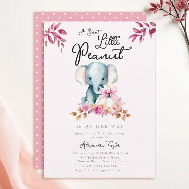 Cute Elephant Pumpkin Fall Leaves Girl Baby Shower Invitation (fall baby shower themes little peanut elephant pumpkin greenery floral watercolor pink burgundy)
