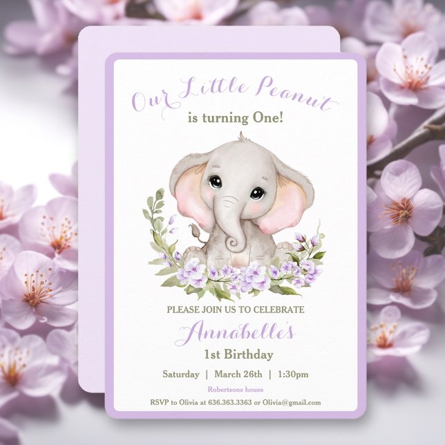Cute Elephant Purple 1st Birthday Girl Invitation (Cute Elephant Purple 1st Birthday Girl Invitation)