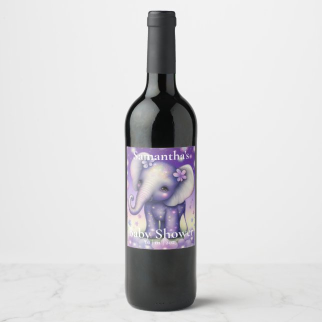 Cute Elephant purple Baby shower  Wine Label (Front)
