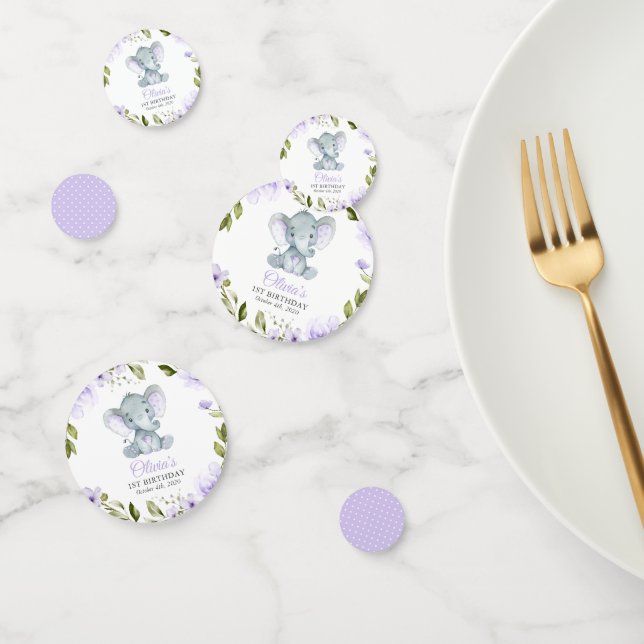 Cute Elephant, Purple Flowers, First Birthday Confetti (Group)