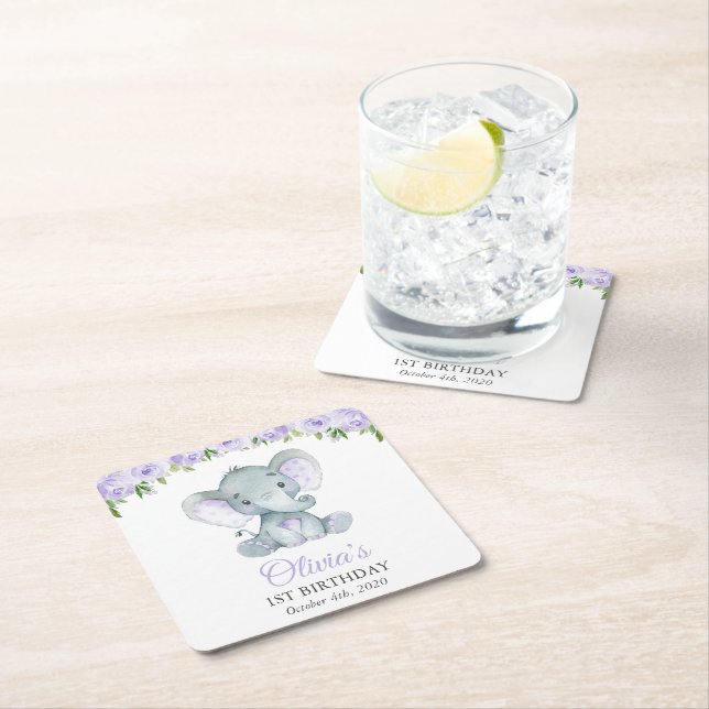Cute Elephant, Purple Flowers, First Birthday Square Paper Coaster (Insitu)
