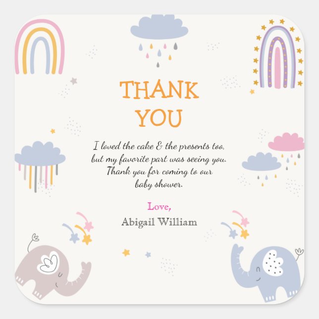 Cute Elephant Rainbow Girls Baby Shower Thank You  Square Sticker (Front)