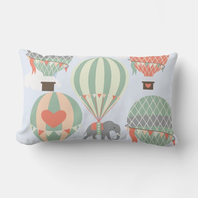 Cute Elephant Riding Hot Air Balloons Rising Lumbar Cushion (Front)