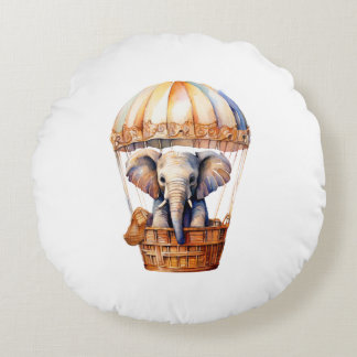 Cute Elephant Riding in a Hot Air Balloon Round Cushion