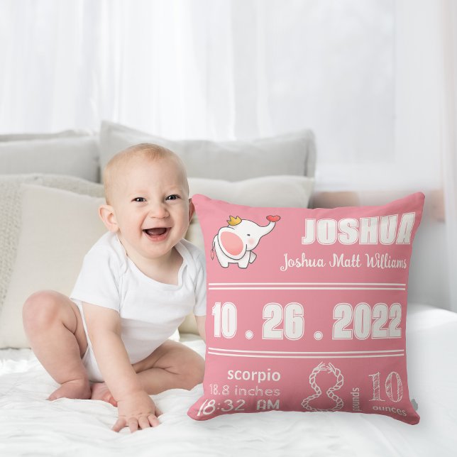 Cute Elephant Rose Pink Birth Announcement Cushion (Creator Uploaded)