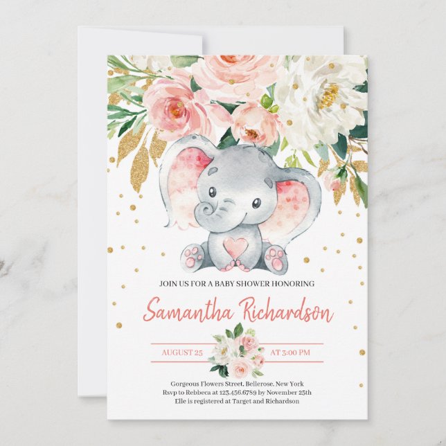 Cute Elephant Rustic BLush Pink FLoral Baby Invitation (Front)