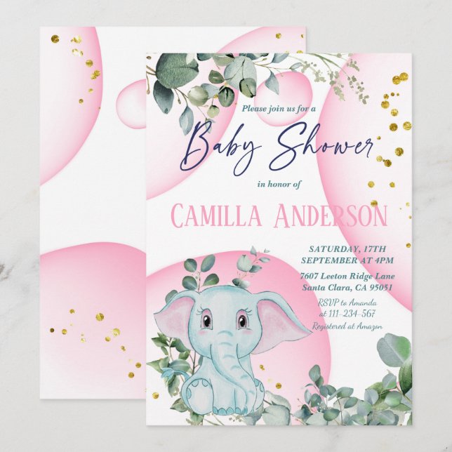 Cute Elephant Safari Jungle Wild Pink Bubbles Invitation (Front/Back)