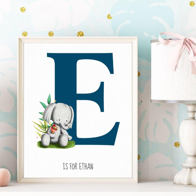 Cute Elephant Safari Monogram Nursery Room Poster (Creator Uploaded)