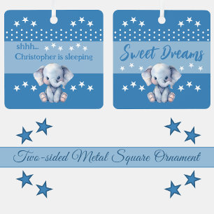 Cute elephant shhh add name is sleeping blue metal tree decoration