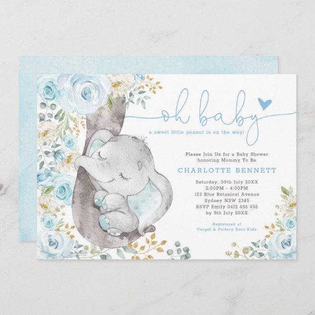 Cute Elephant Soft Blue Floral Boy Baby Shower Invitation (Front/Back)
