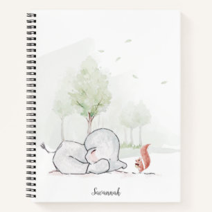 Cute Elephant Squirrel Name Watercolor Notebook