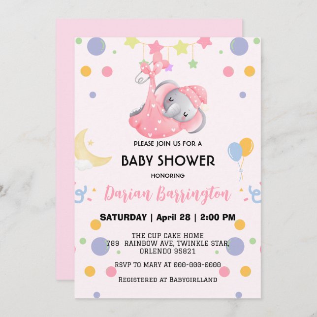 Cute elephant star balloon baby shower party kids invitation (Front/Back)