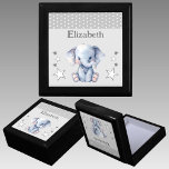 Cute elephant stars add name grey keepsake gift box<br><div class="desc">Keepsake Gift Box for children.
Personalise with a name.
Featuring a cute elephant,  polka dots and stars with the colours grey and white.</div>