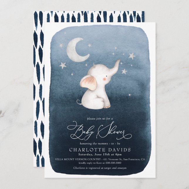 Cute Elephant Stars & Moon Navy Boy Baby Shower Invitation (Front/Back)