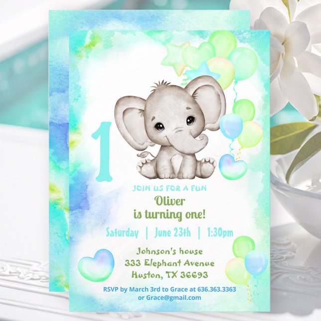 Cute Elephant Summer Colourful Boy 1stBirthday Invitation (Cute Elephant Summer Colorful Boy 1stBirthday Invitation)