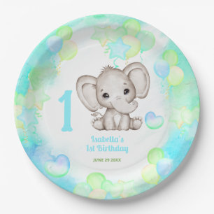 Cute Elephant Summer Colourful Boy 1stBirthday Paper Plate
