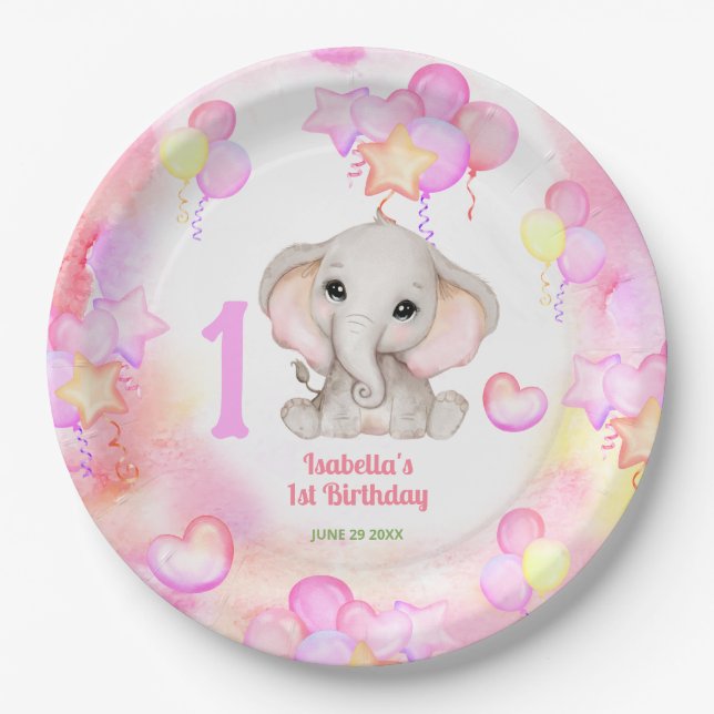 Cute Elephant Summer Colourful Girl 1stBirthday Paper Plate (Front)