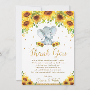 Cute Elephant Sunflower Boy Baby Shower Thank You Card
