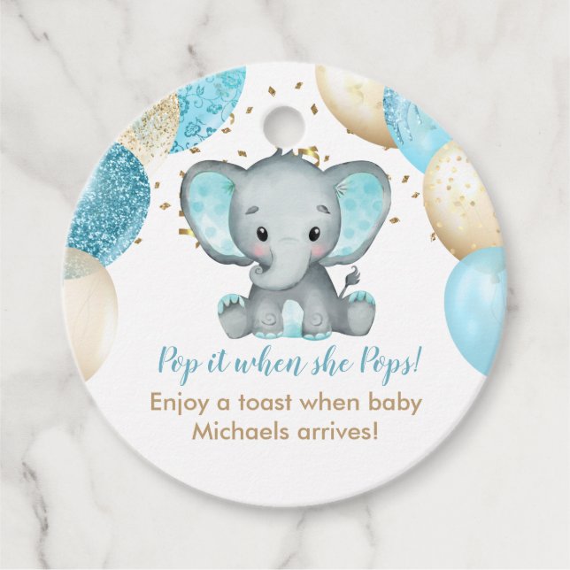 Cute Elephant Turquiose Gold Balloons Baby Shower Favour Tags (Front)