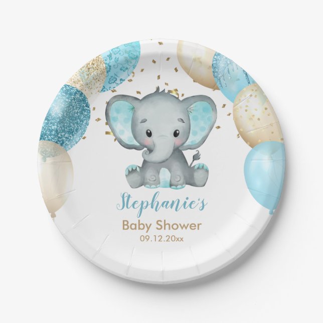 Cute Elephant Turquiose Gold Balloons Baby Shower Paper Plate (Front)