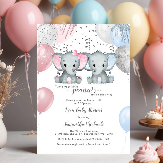 Cute Elephant Twin Balloon Baby Shower Invitation (Cute Elephant Twin Balloon Baby Shower Invitation)