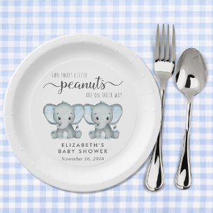 Cute Elephant Twin Boys Baby Shower Paper Plate