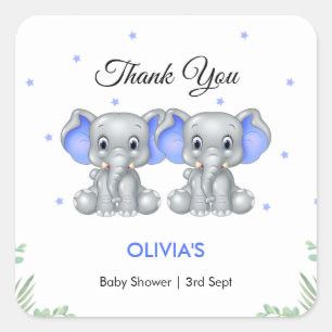 Cute Elephant Twin Boys Baby Shower Thank You   Square Sticker