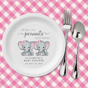 Cute Elephant Twin Girls Baby Shower Paper Plate