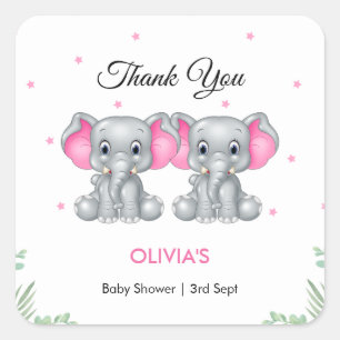 Cute Elephant Twin Girls Baby Shower Thank You Square Sticker